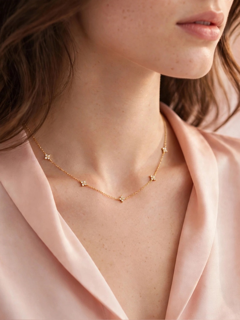 Gold Flower Station Necklace — 925 Sterling Silver, 18K Gold Plated
